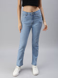 Women's Blue Straight Fit High-Rise Low Distress Light Fade Stretchable Jeans