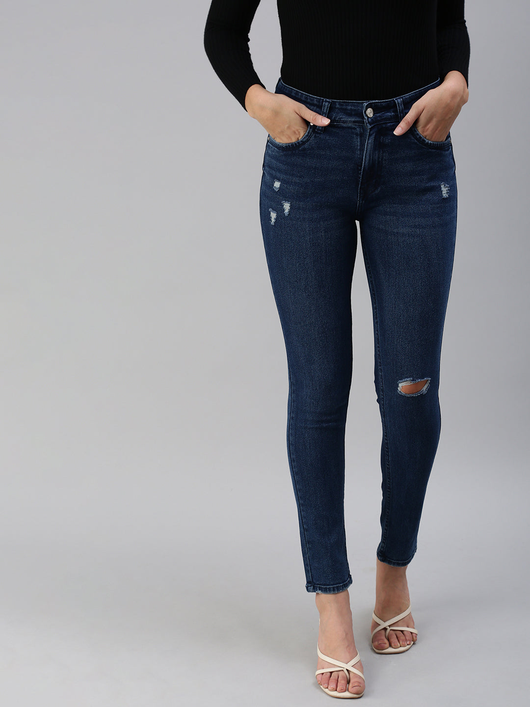 Women's Blue Slim Fit High-Rise Slash Knee Stretchable Jeans