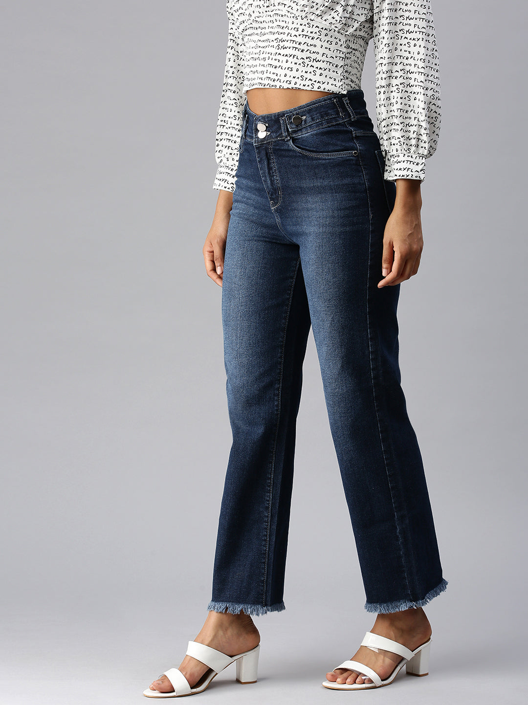 Women's Blue Wide Leg High-Rise Light Fade Cropped Stretchable Denim Jeans