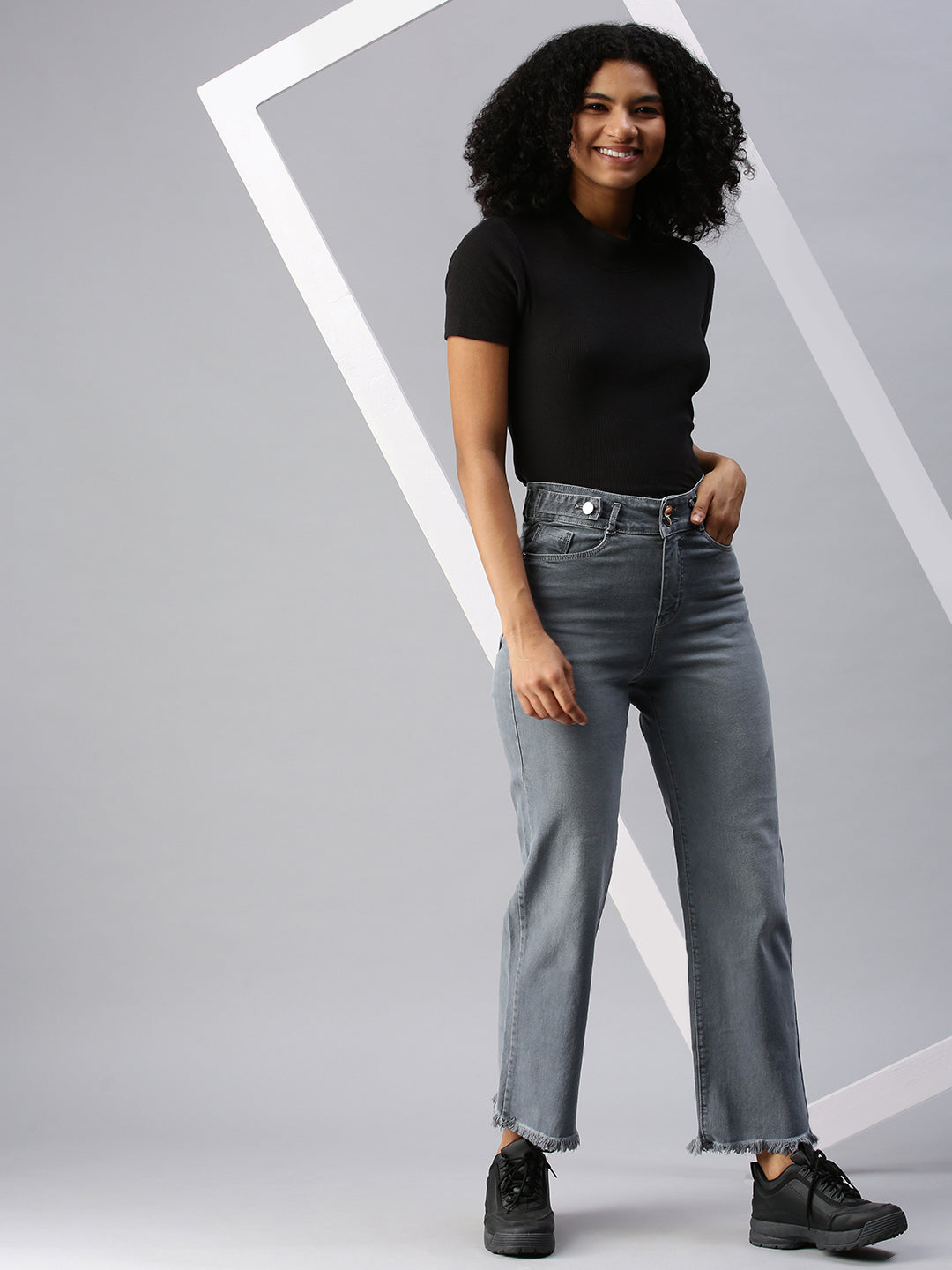 Women's Grey Wide Leg High-Rise Heavy Fade Stretchable Denim Jeans