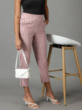 Women's Mauve Striped Straight Fit Cropped Formal Trousers
