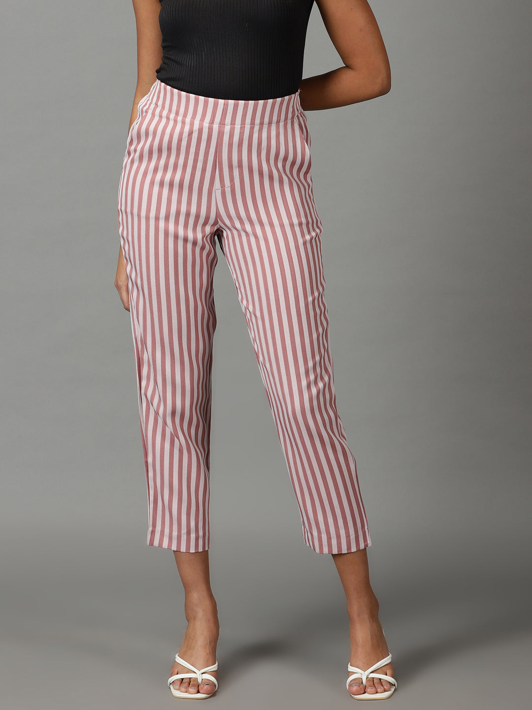 Women's Mauve Striped Straight Fit Cropped Formal Trousers