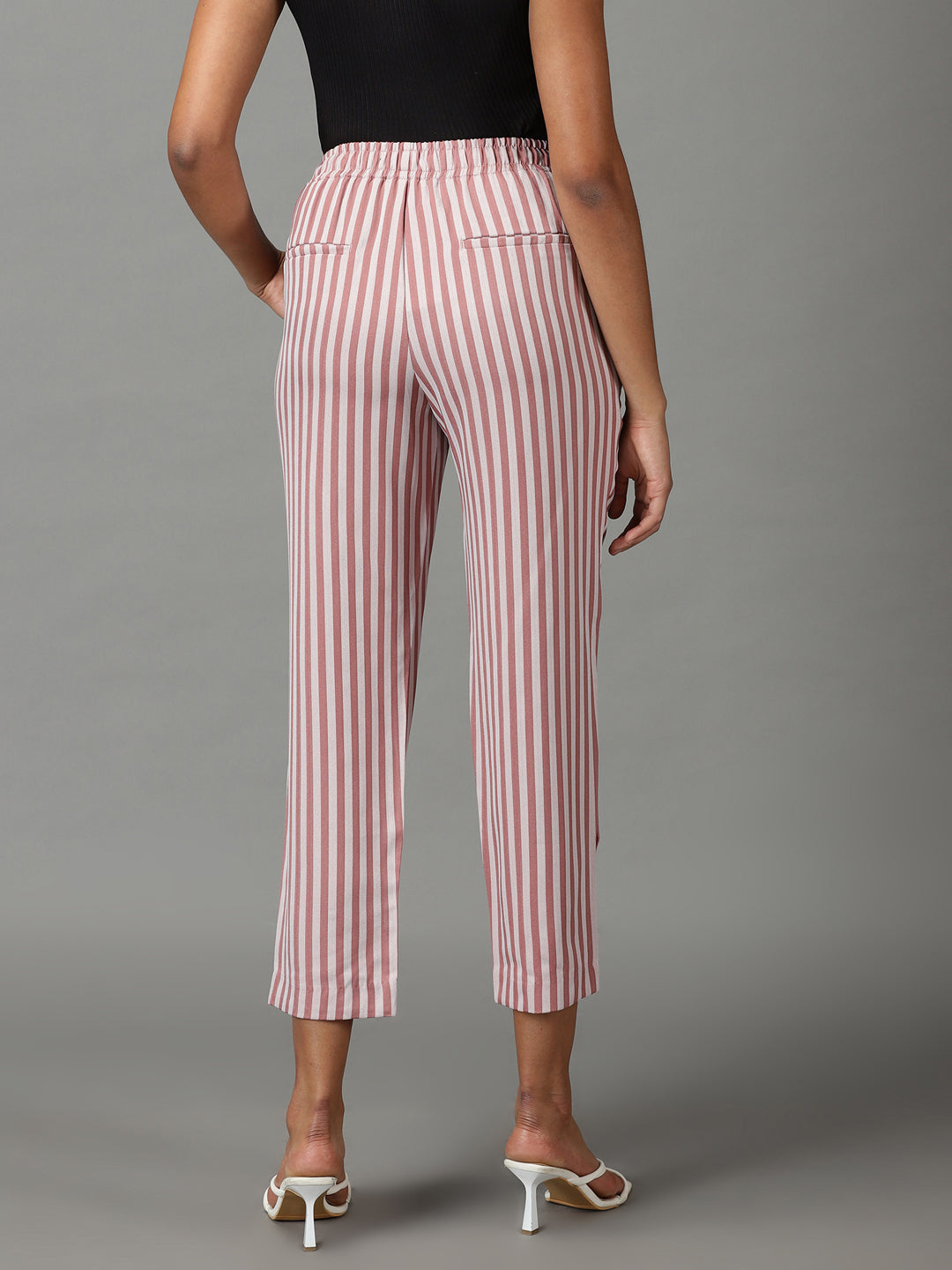 Women's Mauve Striped Straight Fit Cropped Formal Trousers