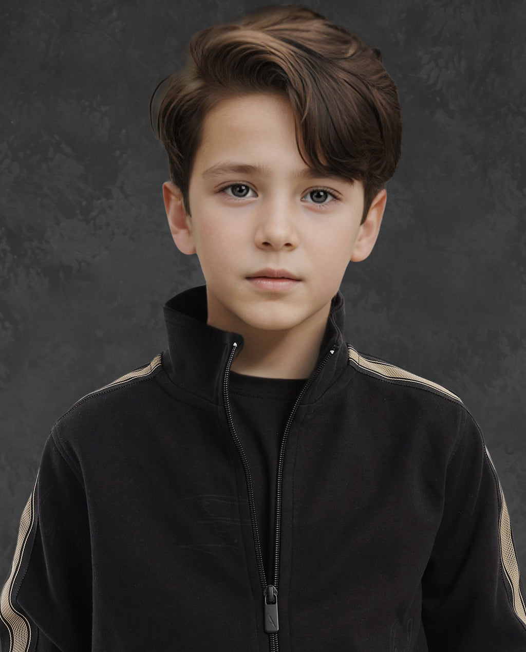 Rare Ones Kids Jacksign Black Cotton Full Sleeves High Neck Striped Sleeve Zipper Closure Solid Jacket