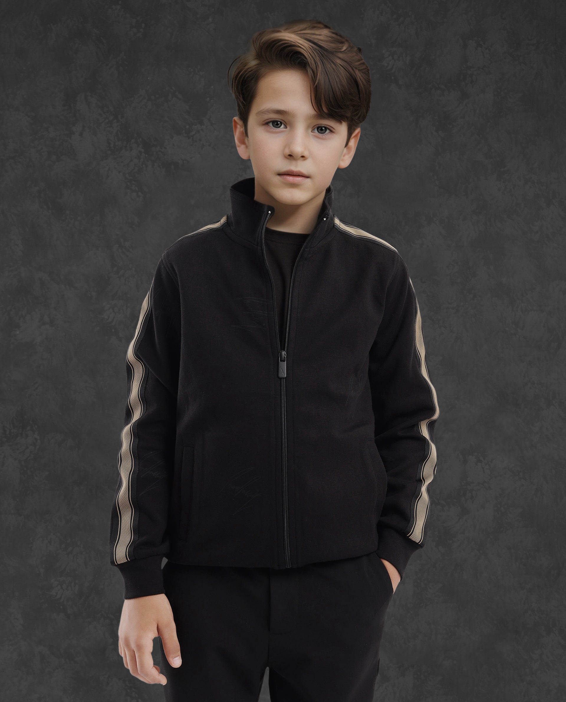 Rare Ones Kids Jacksign Black Cotton Full Sleeves High Neck Striped Sleeve Zipper Closure Solid Jacket