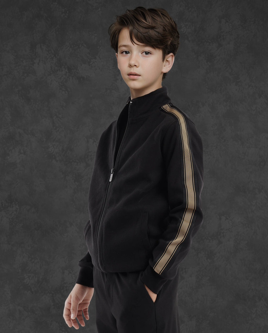 Rare Ones Kids Jacksign Black Cotton Full Sleeves High Neck Striped Sleeve Zipper Closure Solid Jacket