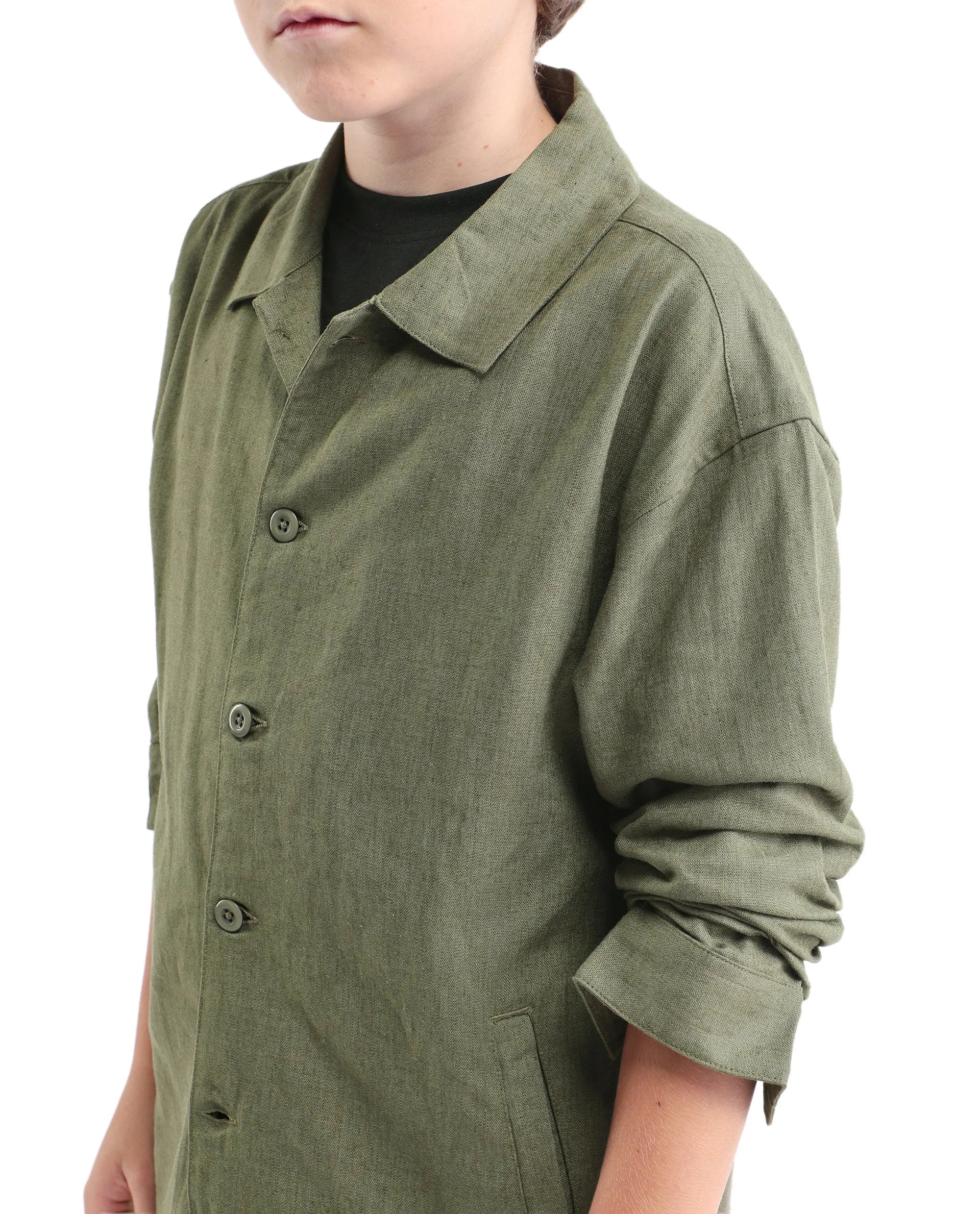 Rare Ones Kids Jomok-T Olive Linen Blend Button Closure Flat Collar Plain Full Sleeves Regular Fit Jacket