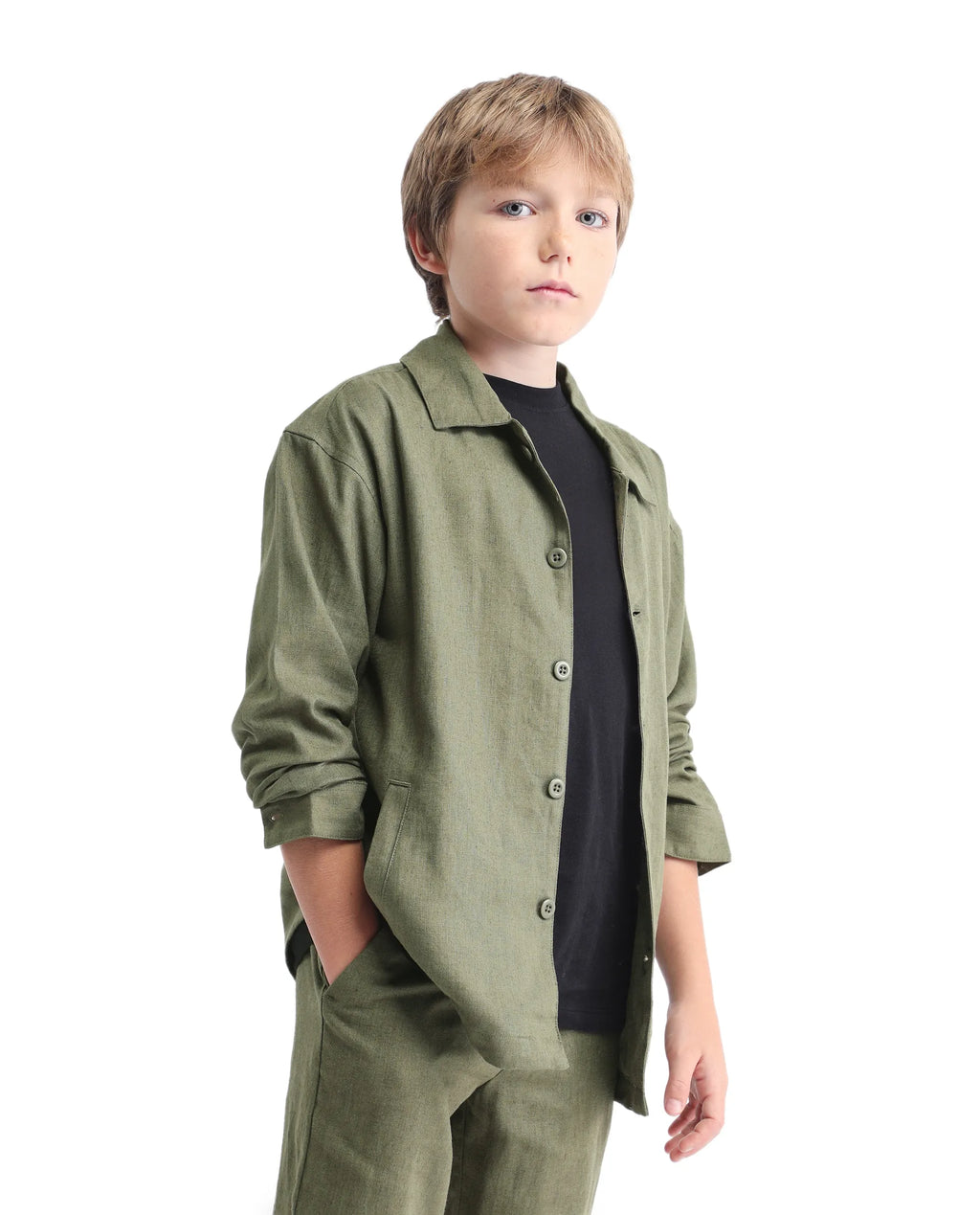 Rare Ones Kids Jomok-T Olive Linen Blend Button Closure Flat Collar Plain Full Sleeves Regular Fit Jacket