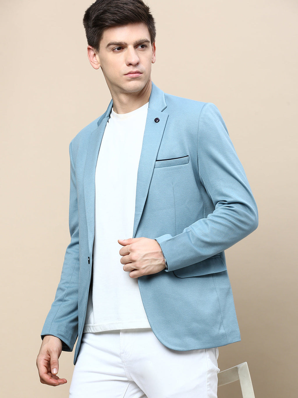 Men's Turquoise Blue Slim-Fit Single Breasted Cotton Blazer