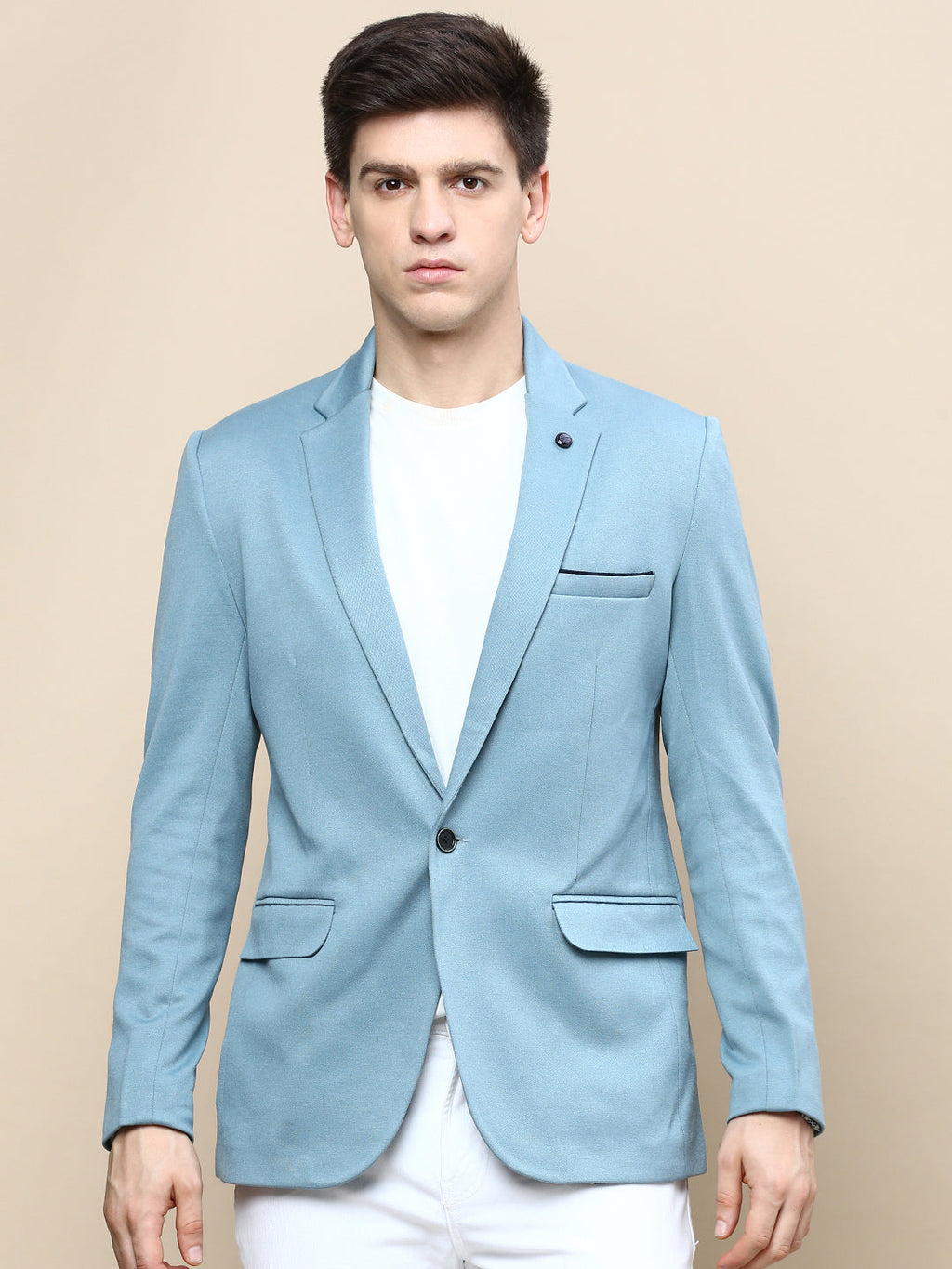 Men's Turquoise Blue Slim-Fit Single Breasted Cotton Blazer