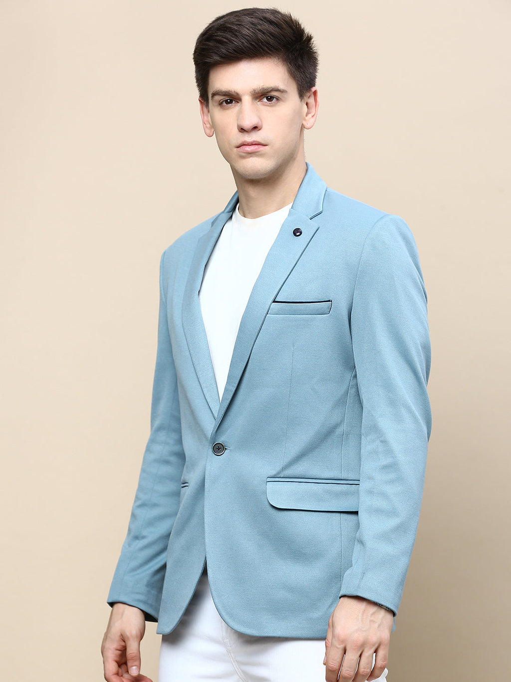 Men's Turquoise Blue Slim-Fit Single Breasted Cotton Blazer