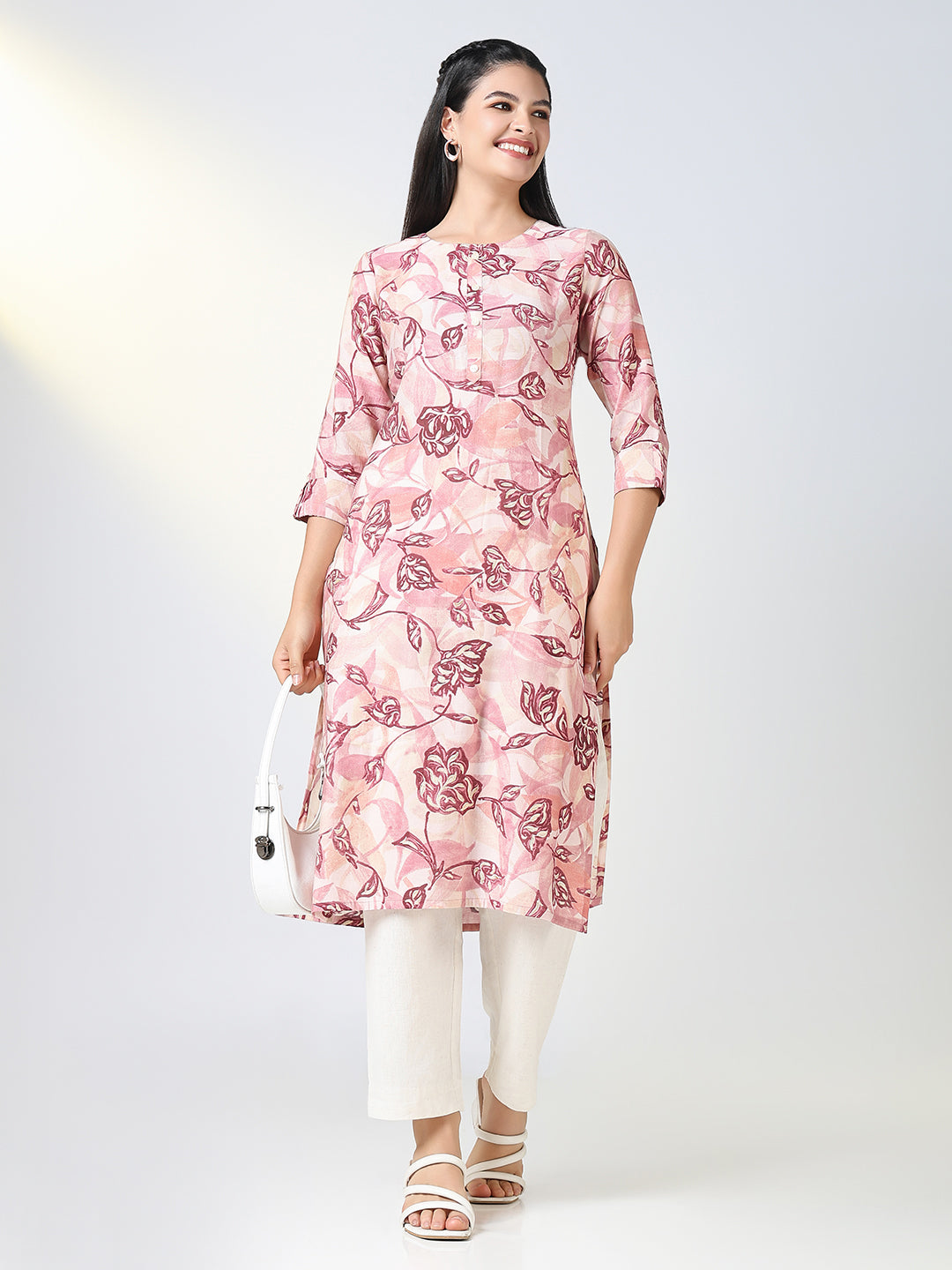 Women's Pink Floral Straight Kurta