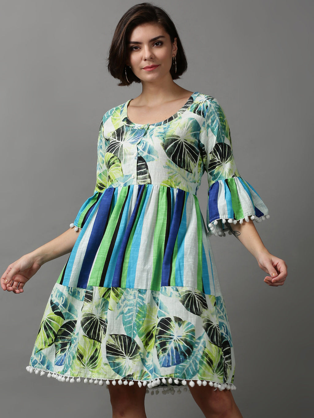 Women's Multi Tropical Printed Cotton Fit & Flare Dress