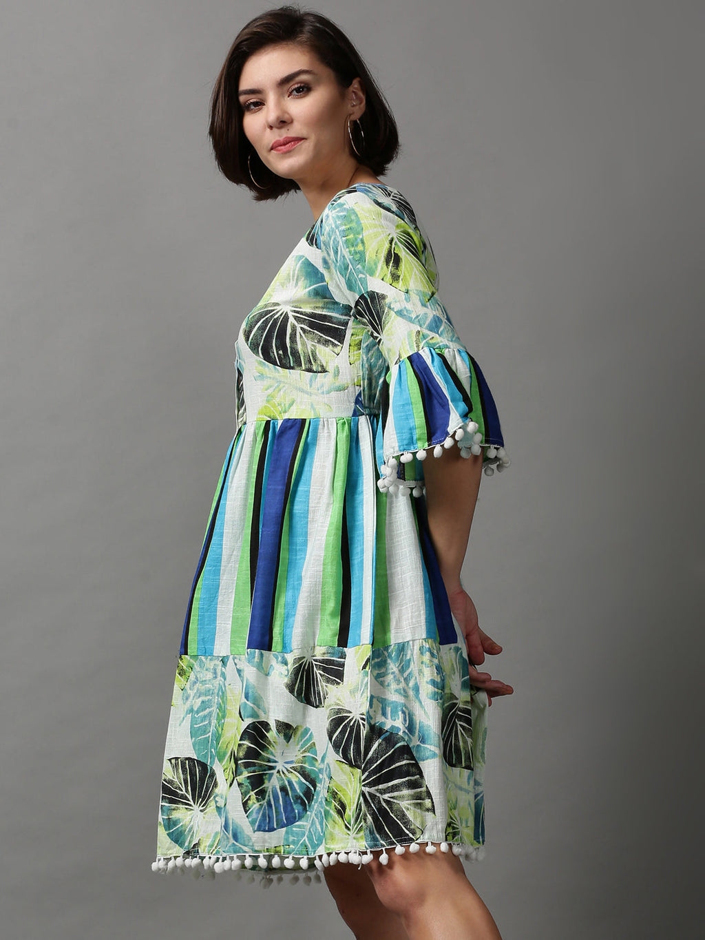 Women's Multi Tropical Printed Cotton Fit & Flare Dress