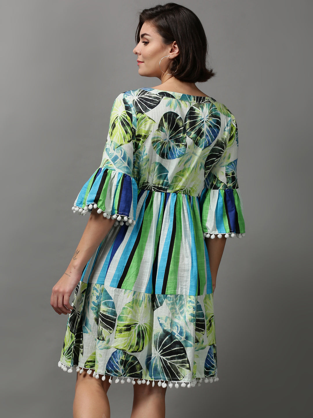 Women's Multi Tropical Printed Cotton Fit & Flare Dress