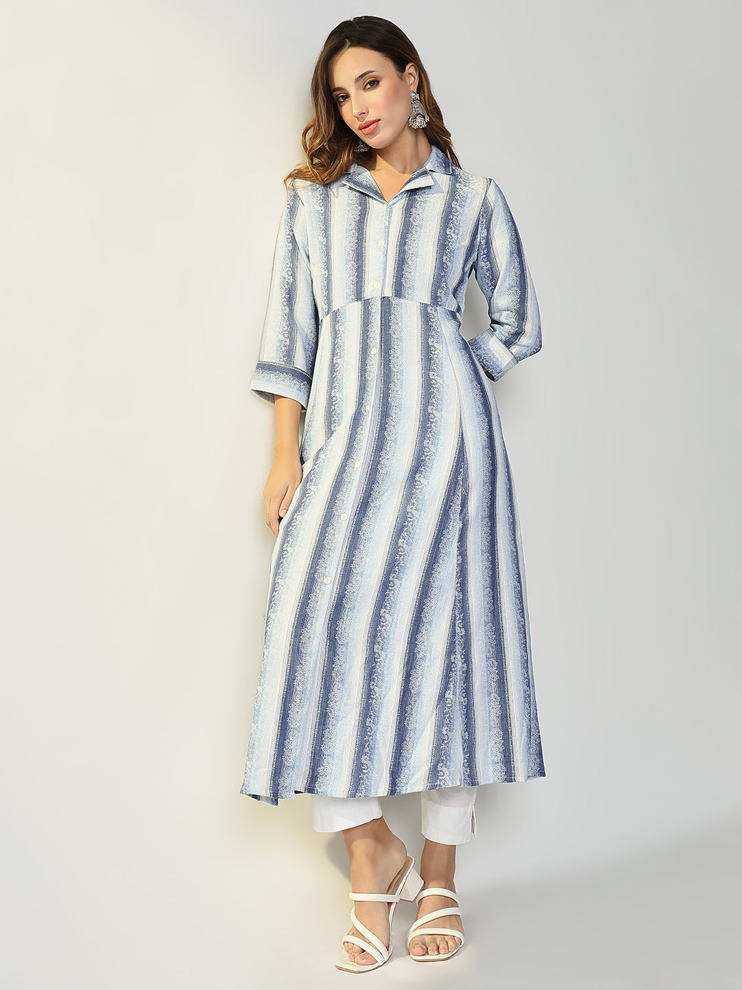 Women's Blue Striped Anarkali Kurta