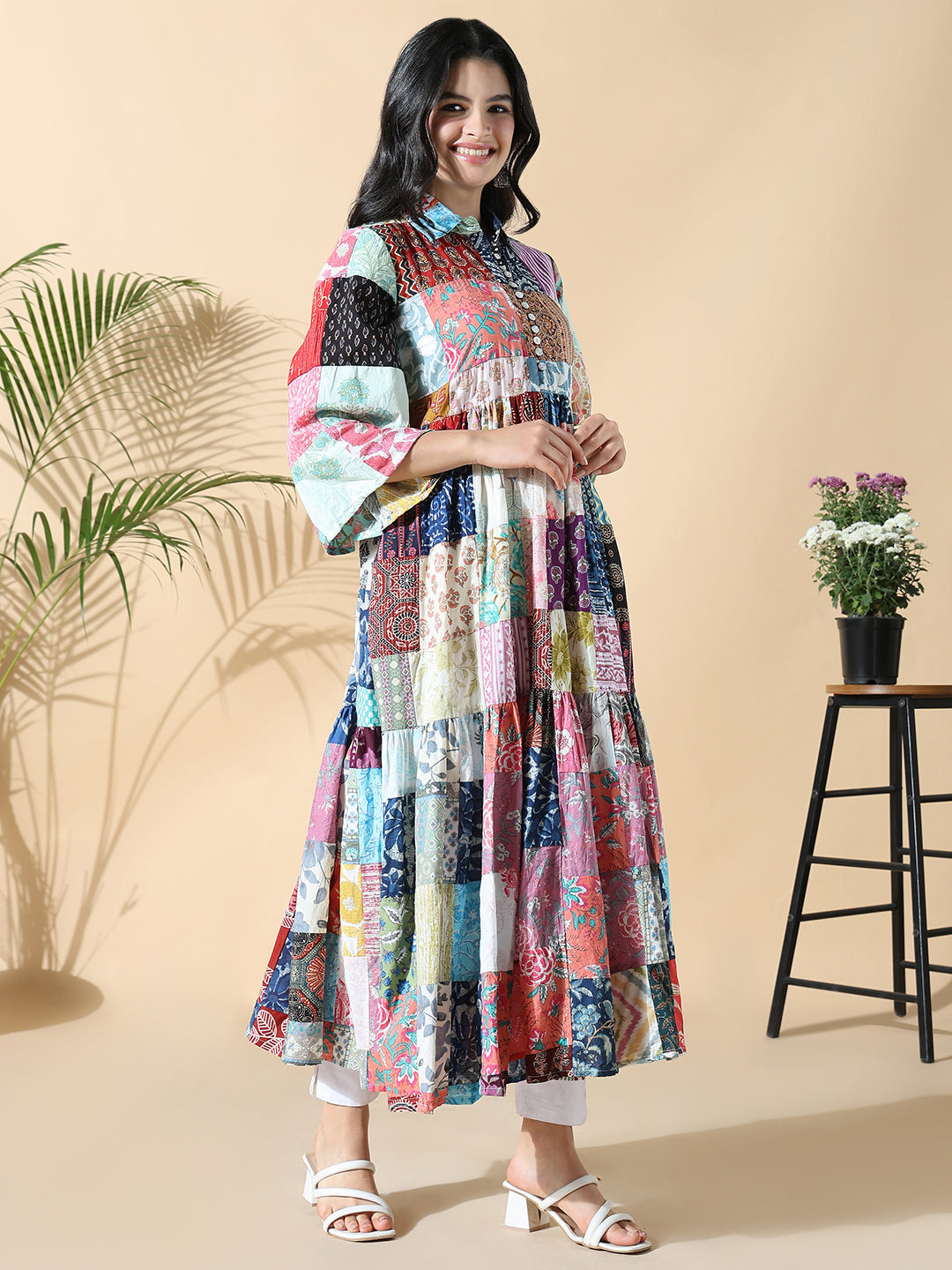 Women's Multi Printed Cotton Anarkali Kurta