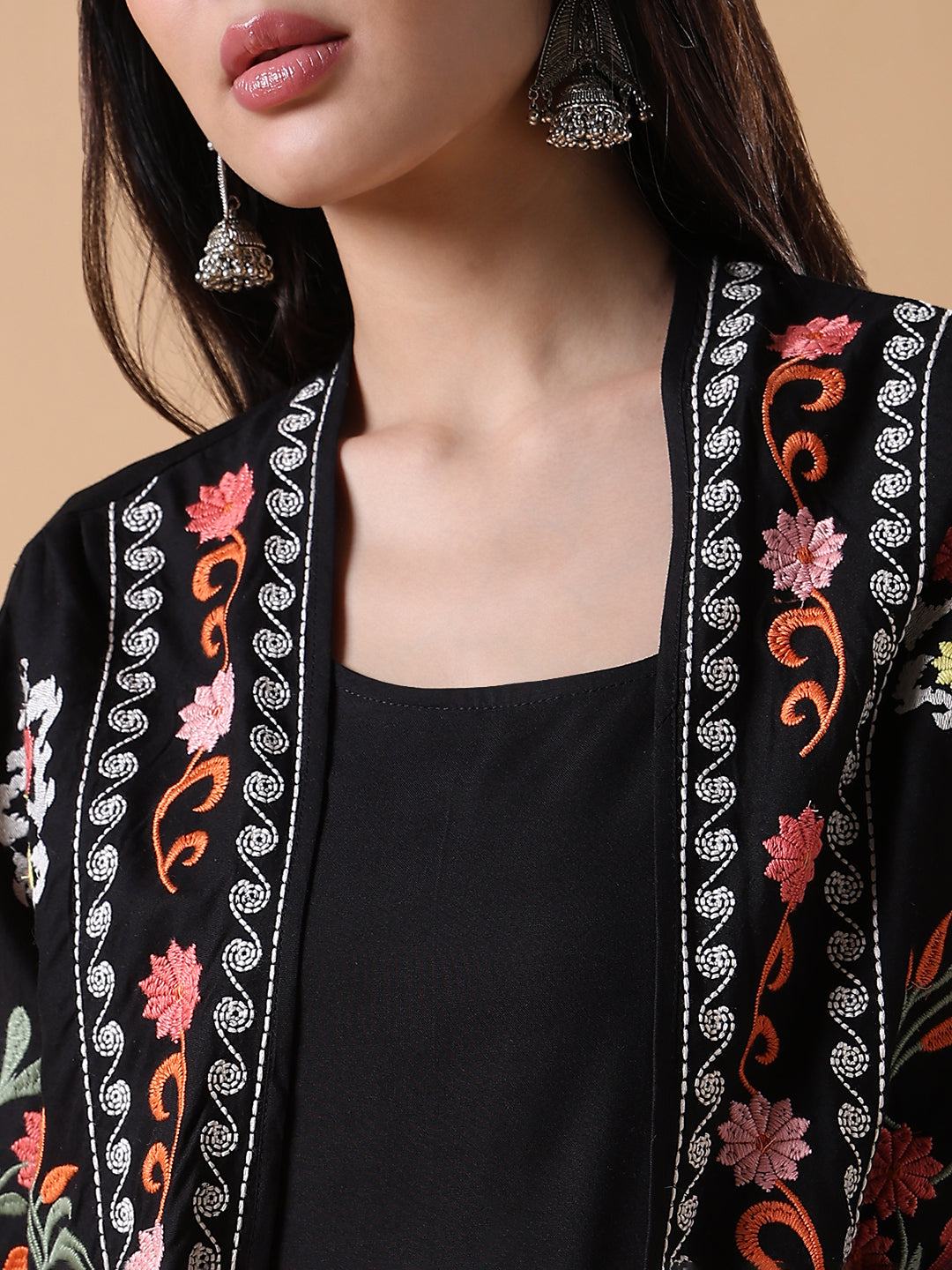 Women's Black Solid Cotton A-Line Kurta with Shrug