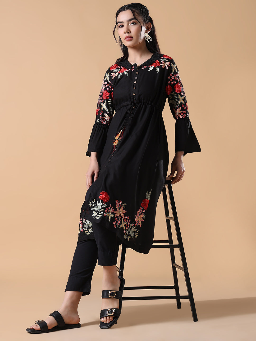 Women's Black Embroidered Floral A-Line Kurta