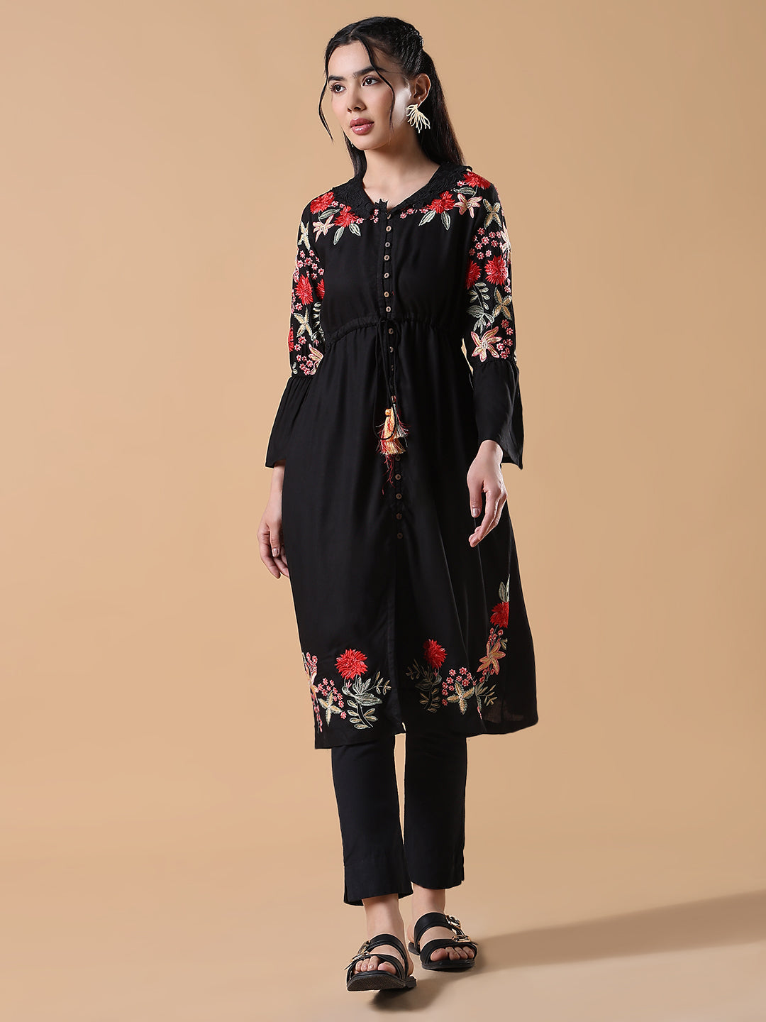 Women's Black Embroidered Floral A-Line Kurta