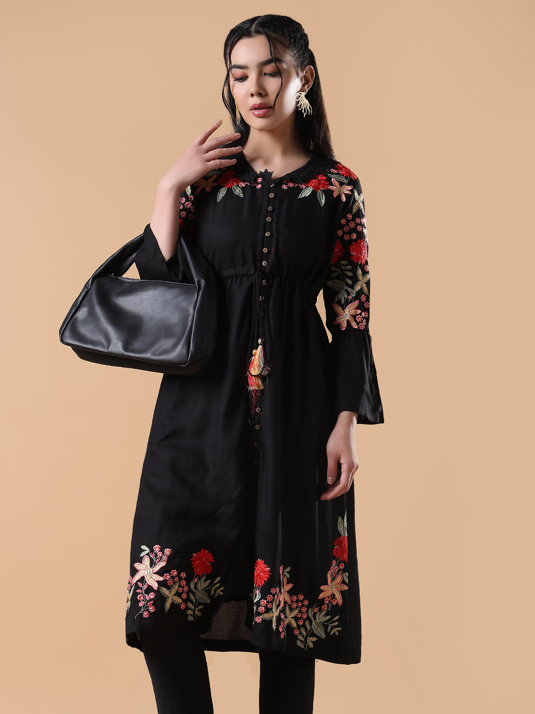 Women's Black Embroidered Floral A-Line Kurta