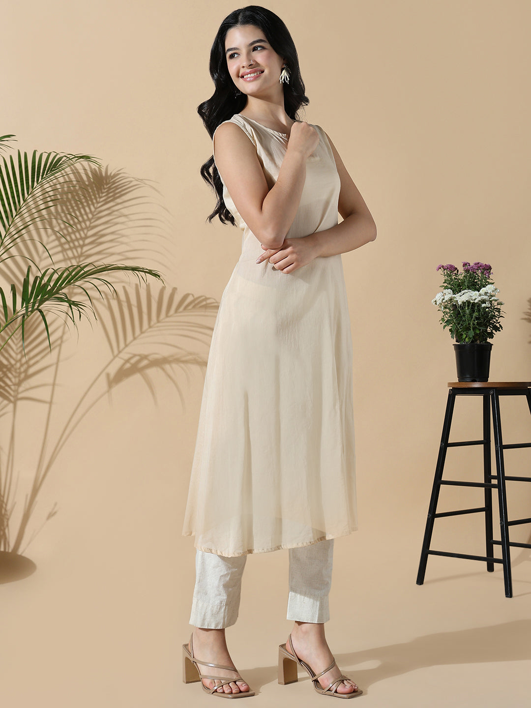 Women's Beige Solid Cotton Anarkali Kurta with Inner