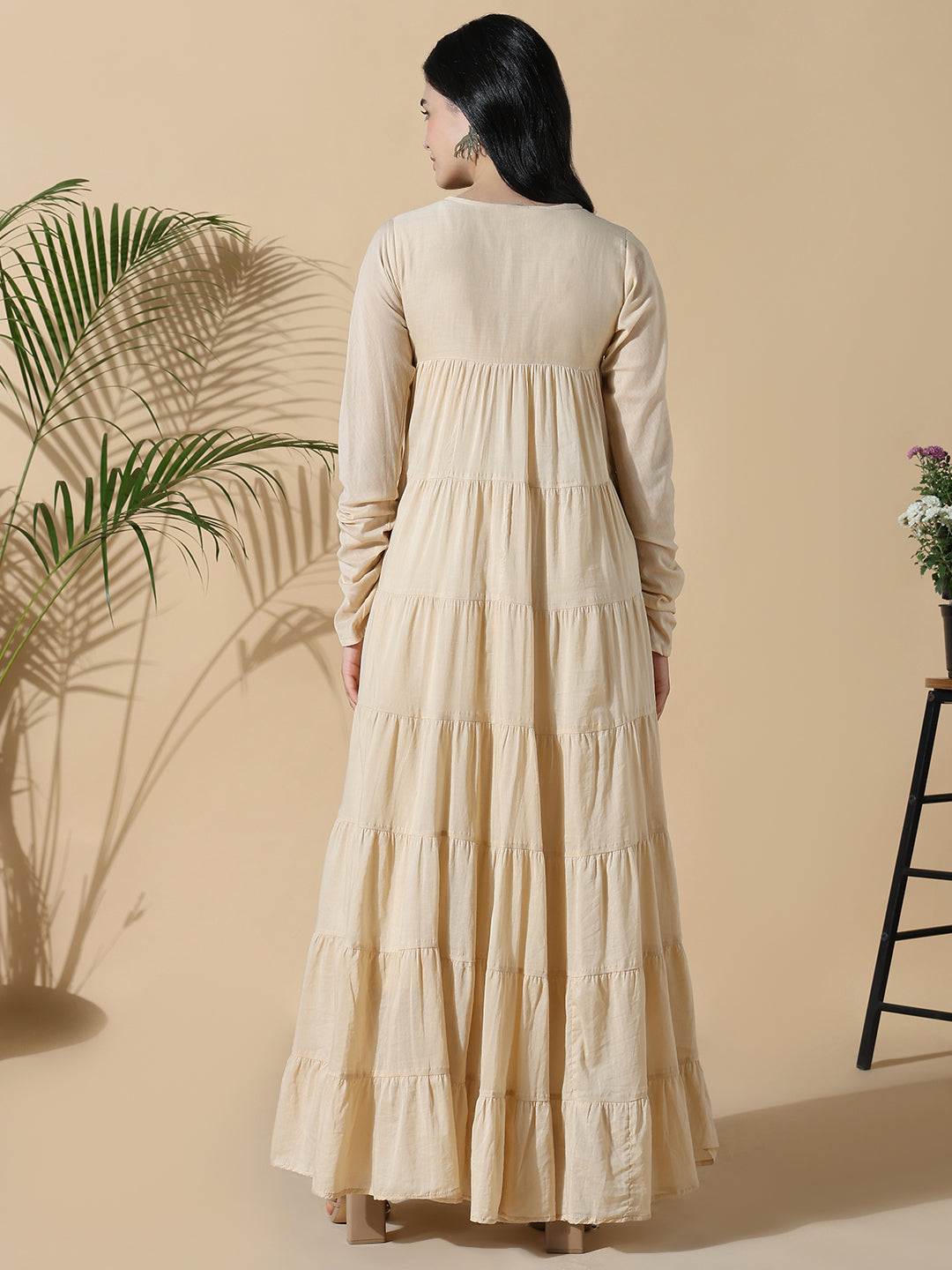 Women's Beige Solid Cotton Anarkali Kurta with Inner