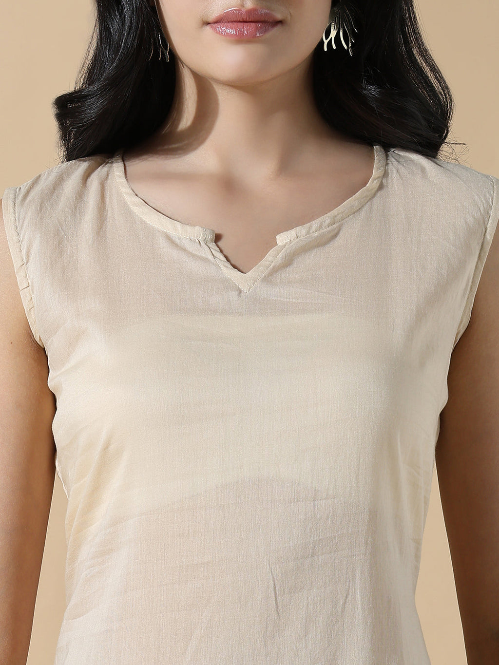 Women's Beige Solid Cotton Anarkali Kurta with Inner