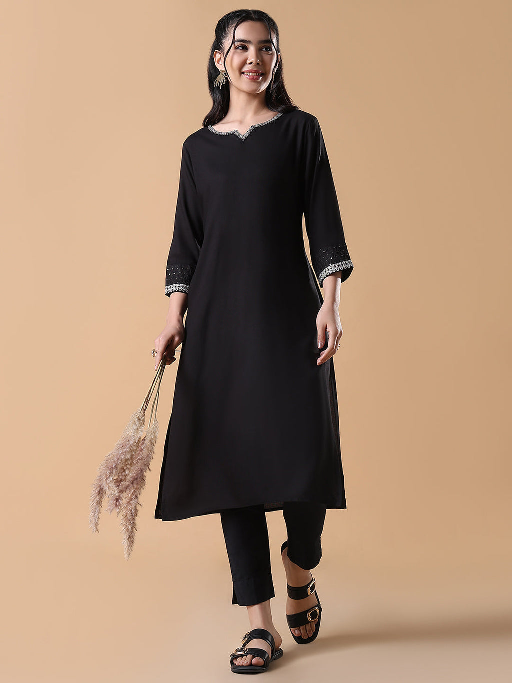 Women's Black Solid Cotton Silk Straight Kurta