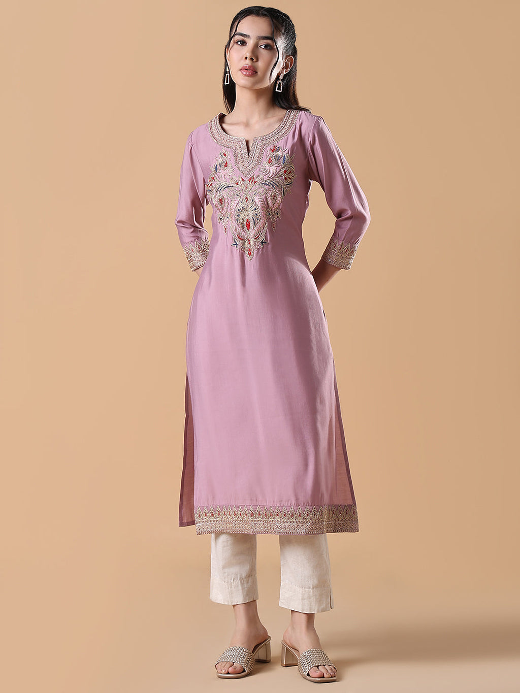 Women's Pink Embroidered Straight Kurta