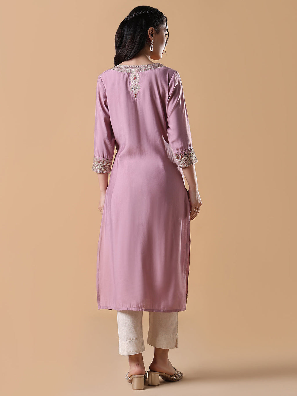 Women's Pink Embroidered Straight Kurta
