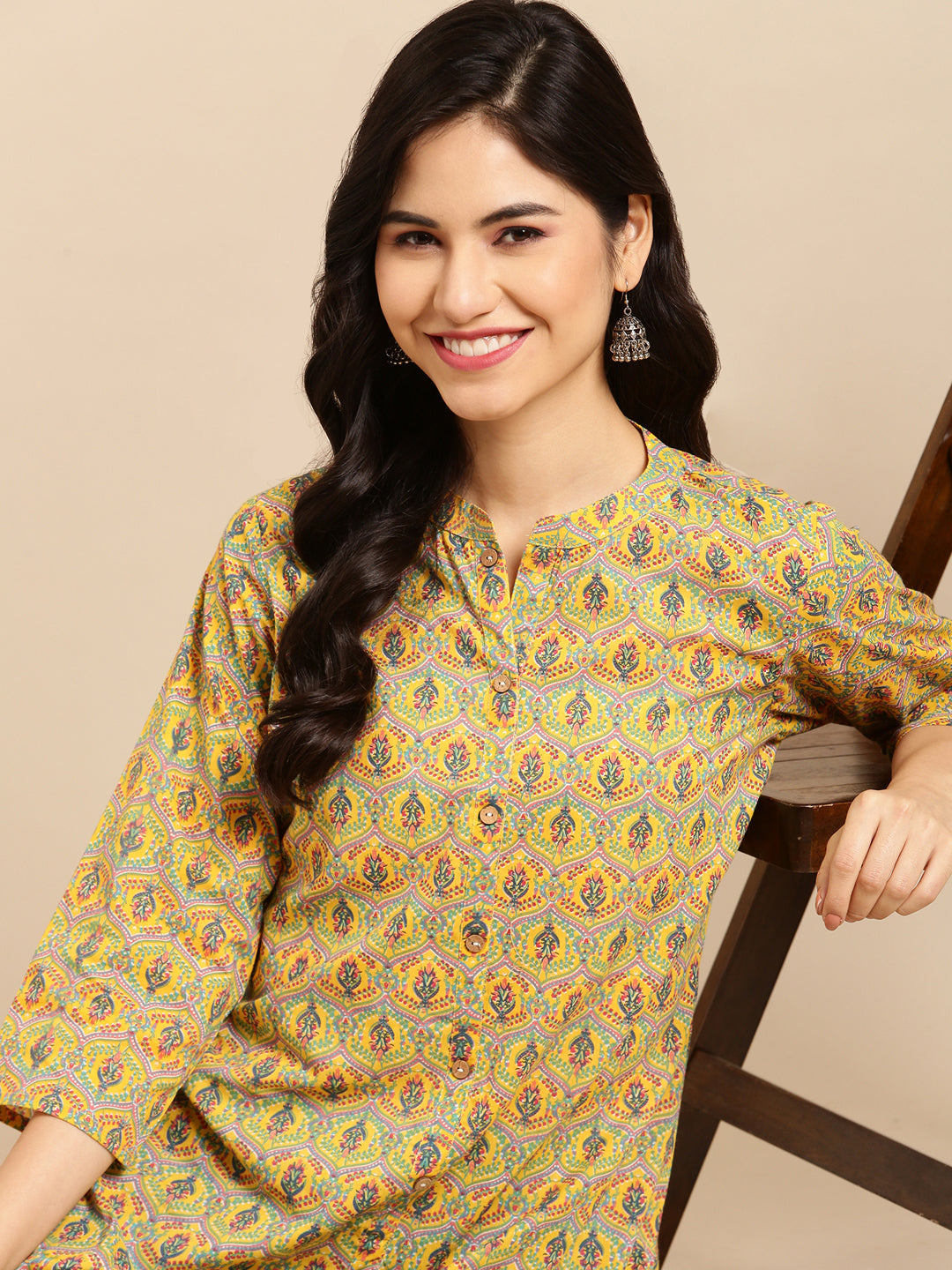 Women's Yellow Cotton Floral Printed Straight Kurta