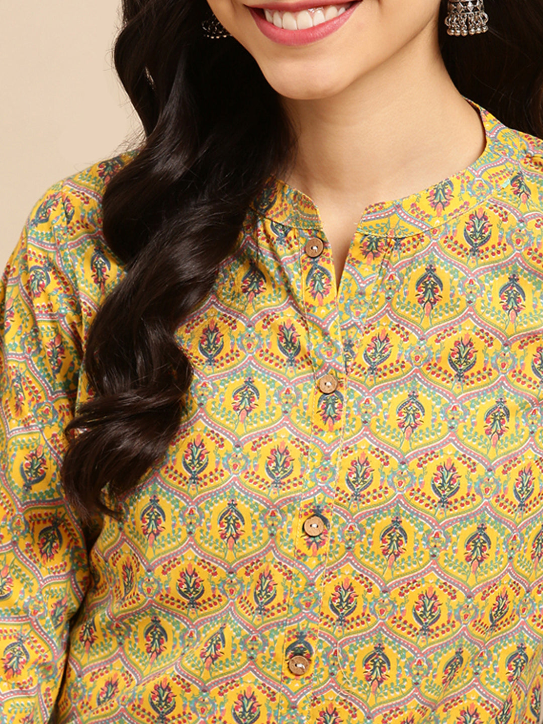 Women's Yellow Cotton Floral Printed Straight Kurta