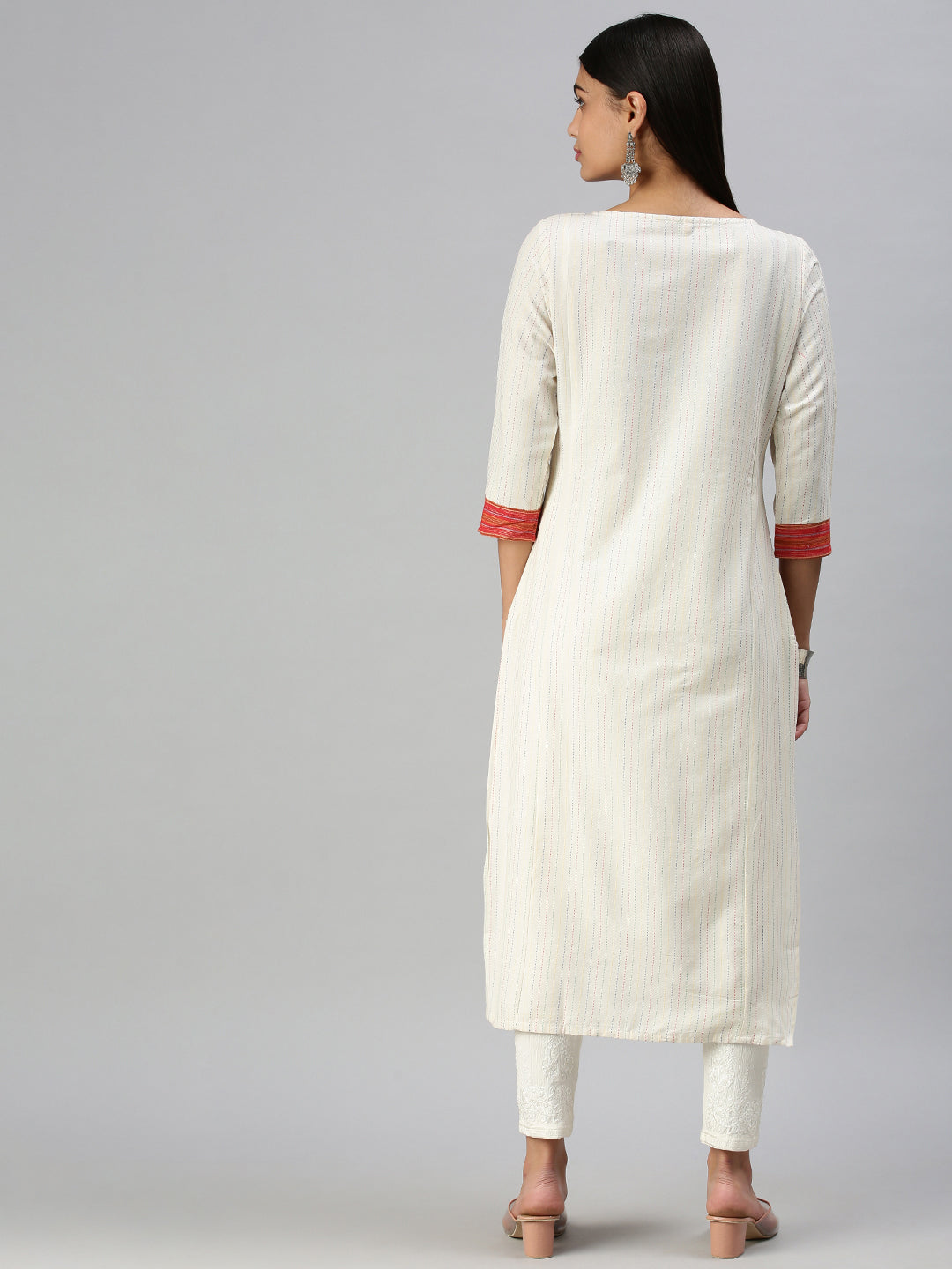 Women's White Striped Keyhole Neck Straight Kurta