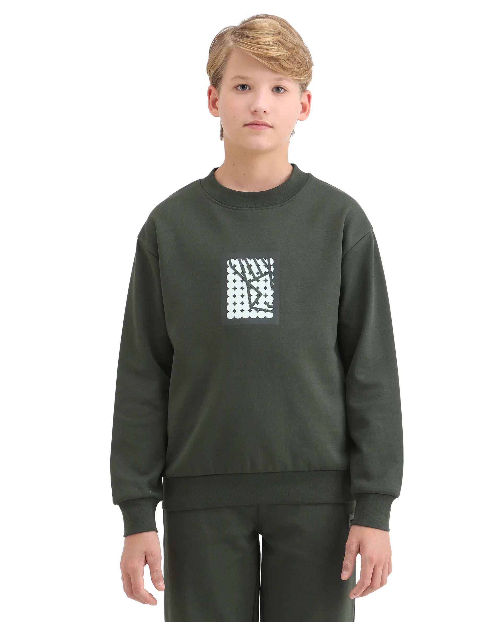 Rare Ones Kids Rune Olive Cotton Blend Pull-On Closure Graphic Printed Full Sleeves Oversized Sweatshirt