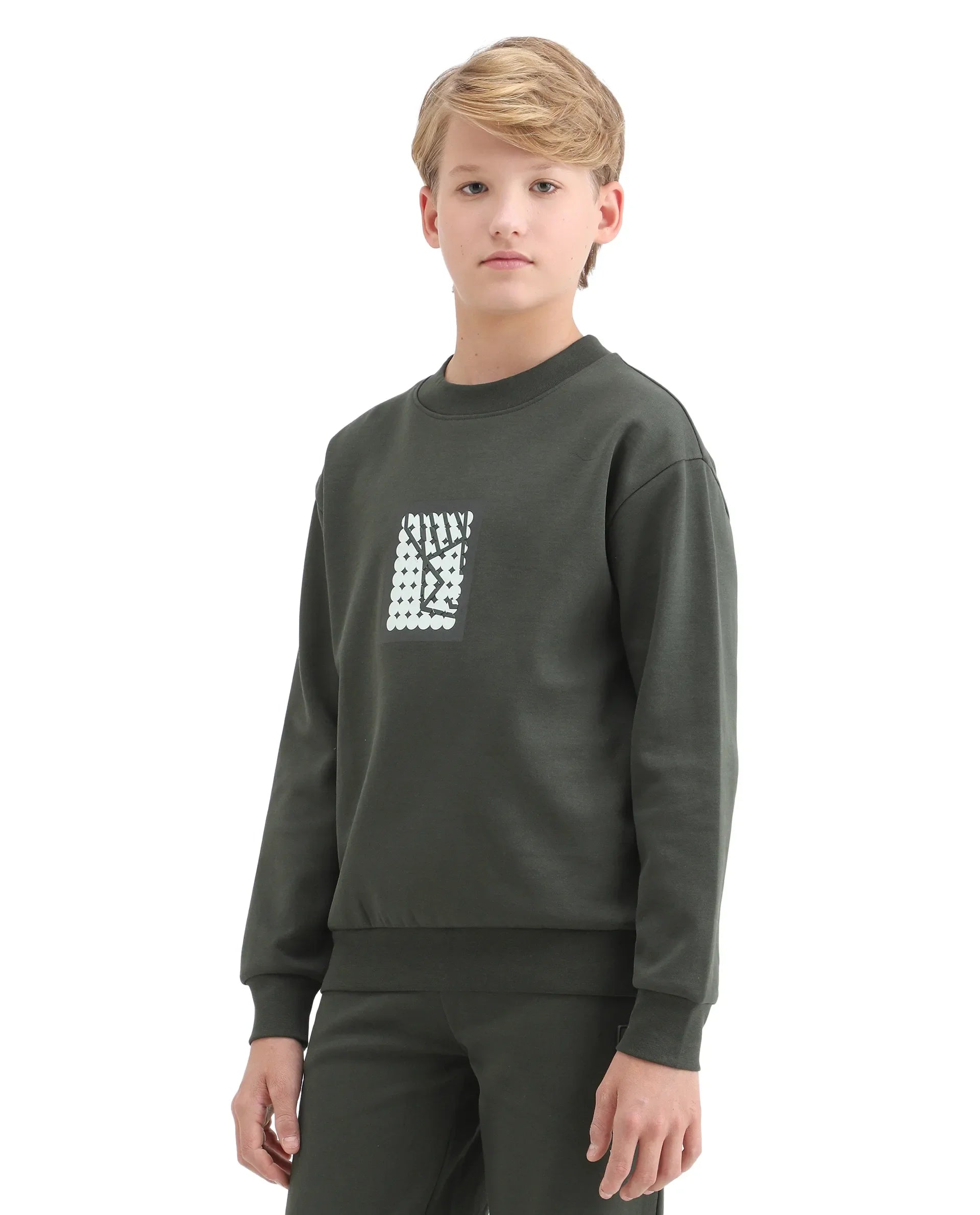 Rare Ones Kids Rune Olive Cotton Blend Pull-On Closure Graphic Printed Full Sleeves Oversized Sweatshirt