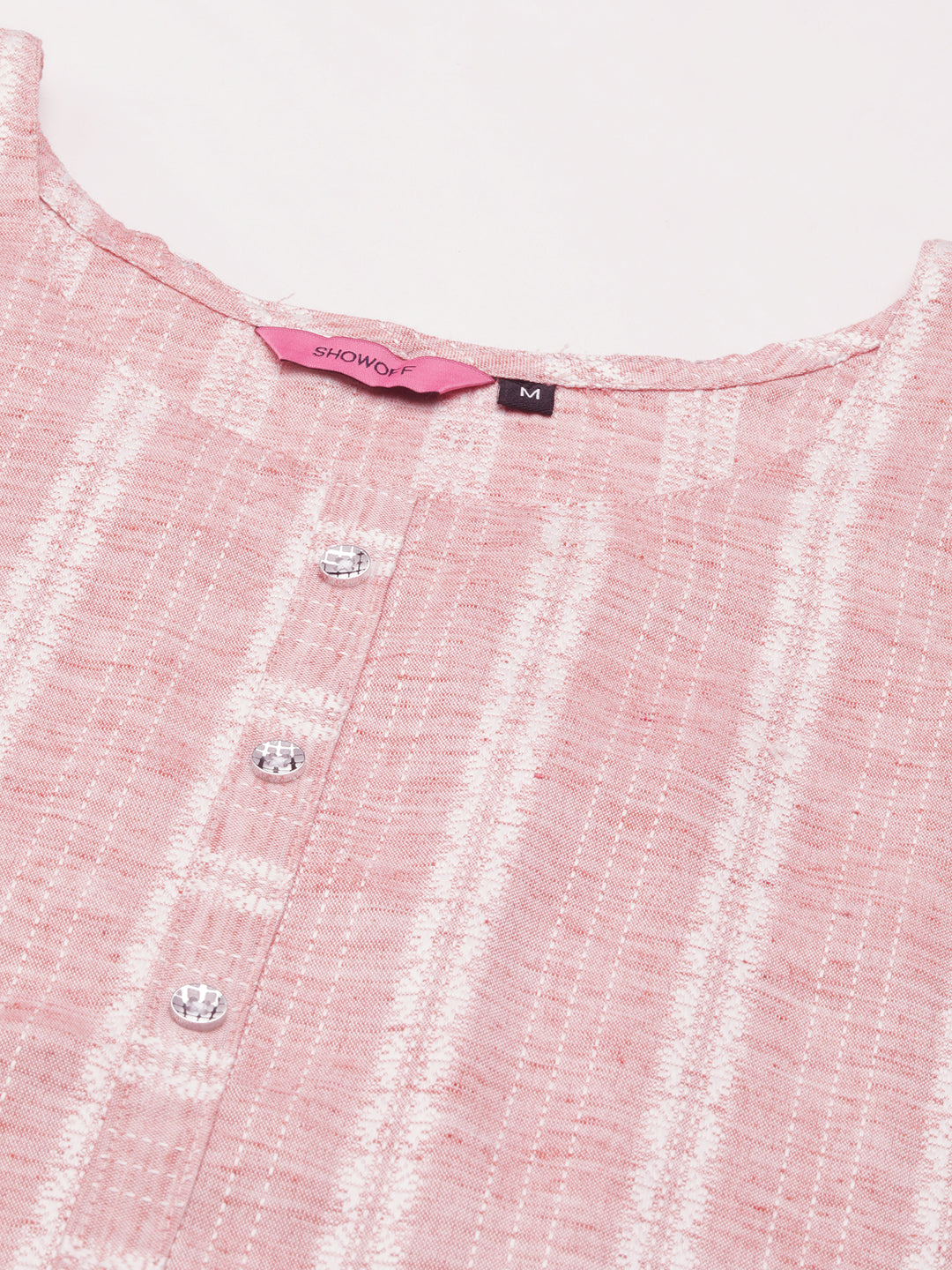 Women's Peach Striped Calf Length Woven Design Round Neck Straight Kurta