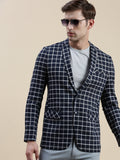Men's Navy Blue Checked Slim-Fit Single Breasted Casual Blazers