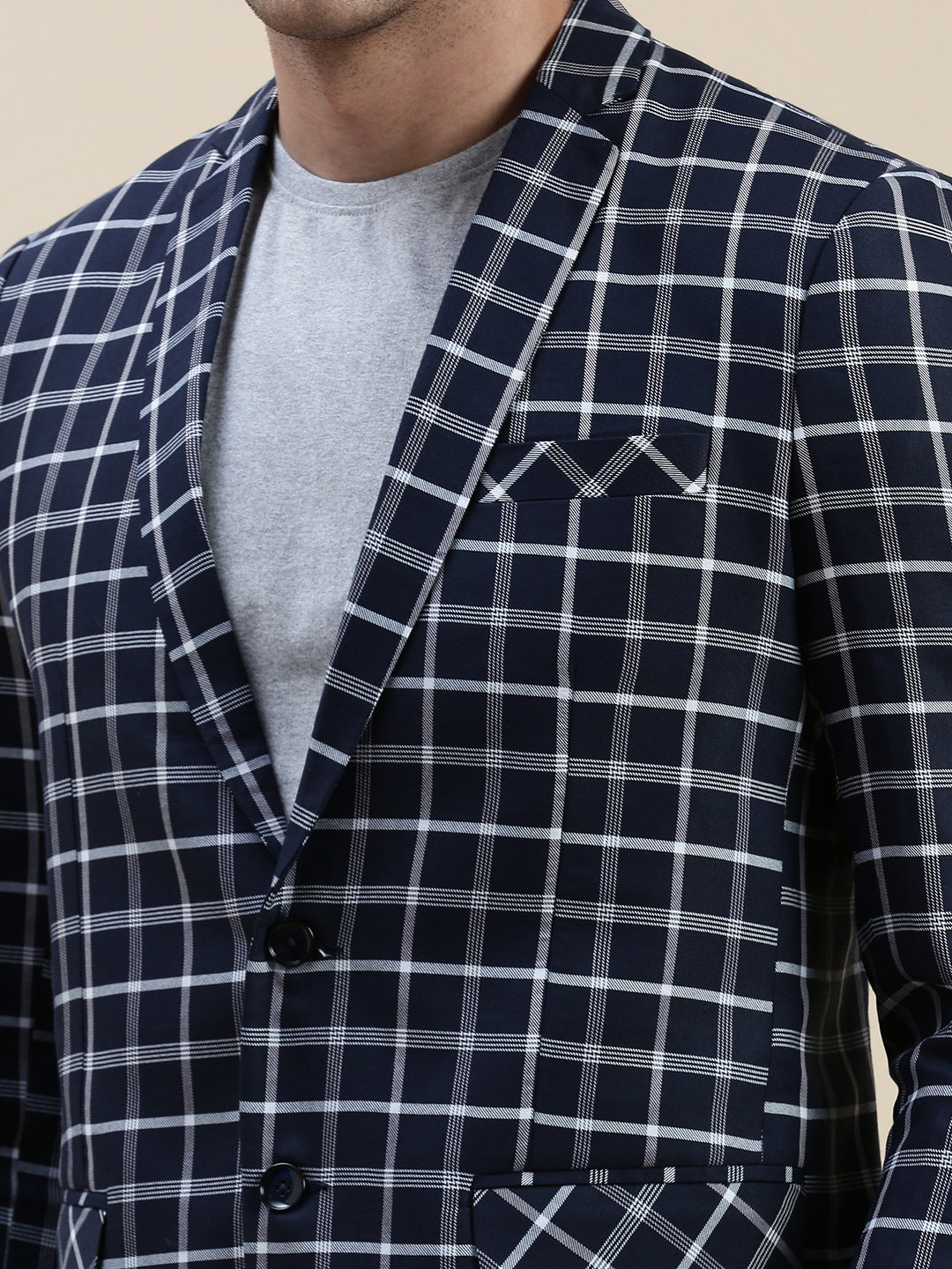 Men's Navy Blue Checked Slim-Fit Single Breasted Casual Blazers