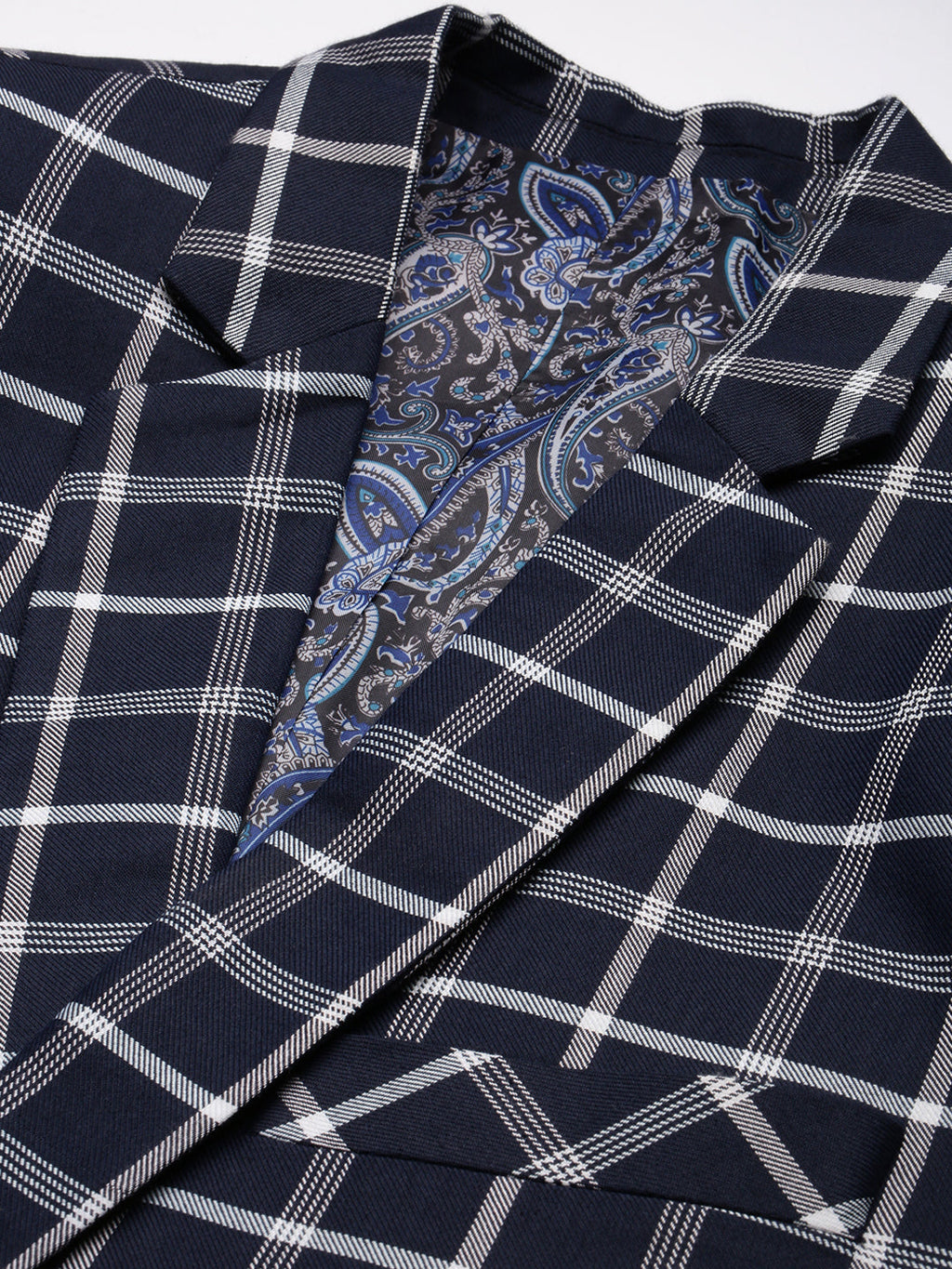 Men's Navy Blue Checked Slim-Fit Single Breasted Casual Blazers