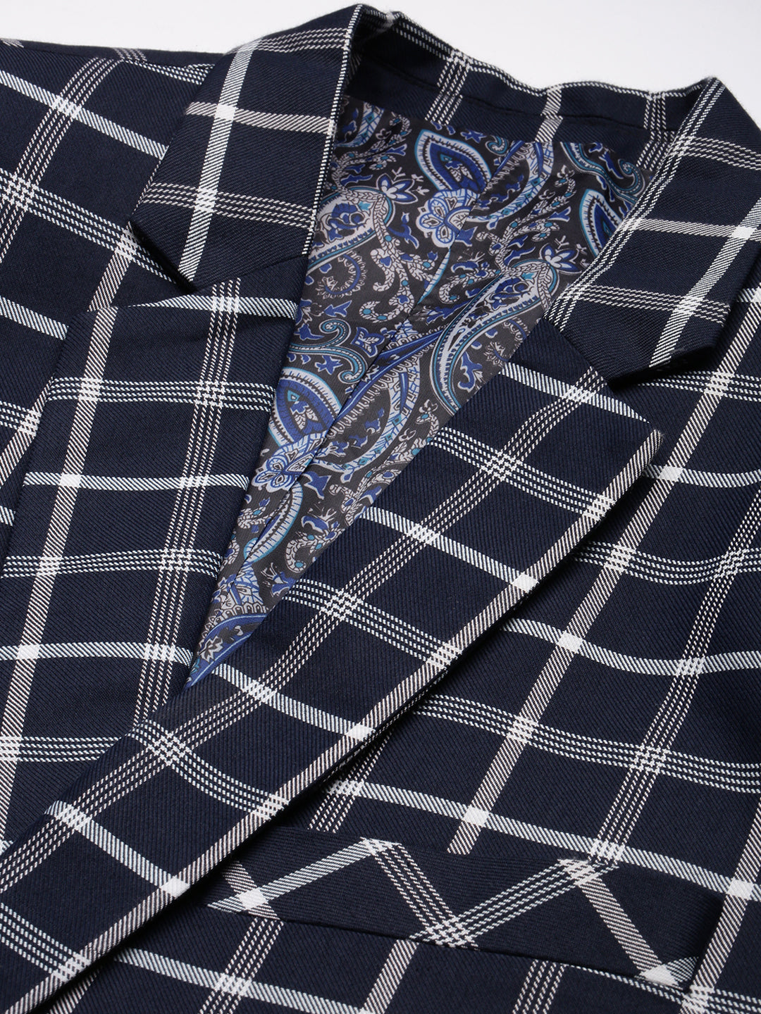 Men's Navy Blue Checked Slim-Fit Single Breasted Casual Blazers