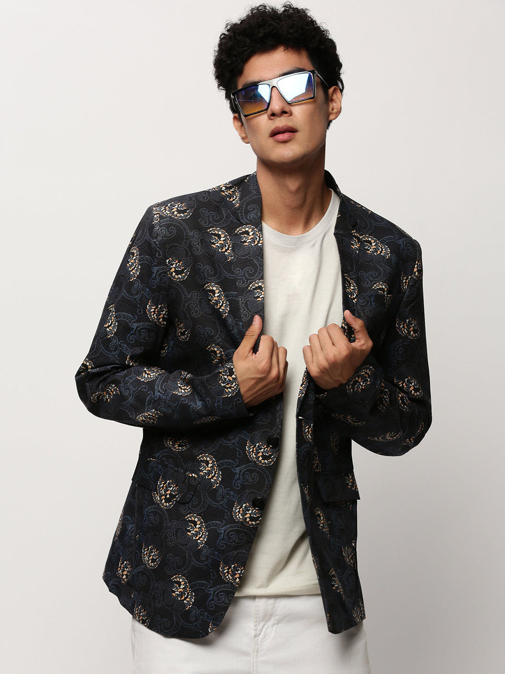 Men's Black Printed Notched Lapel Single Breasted Blazer