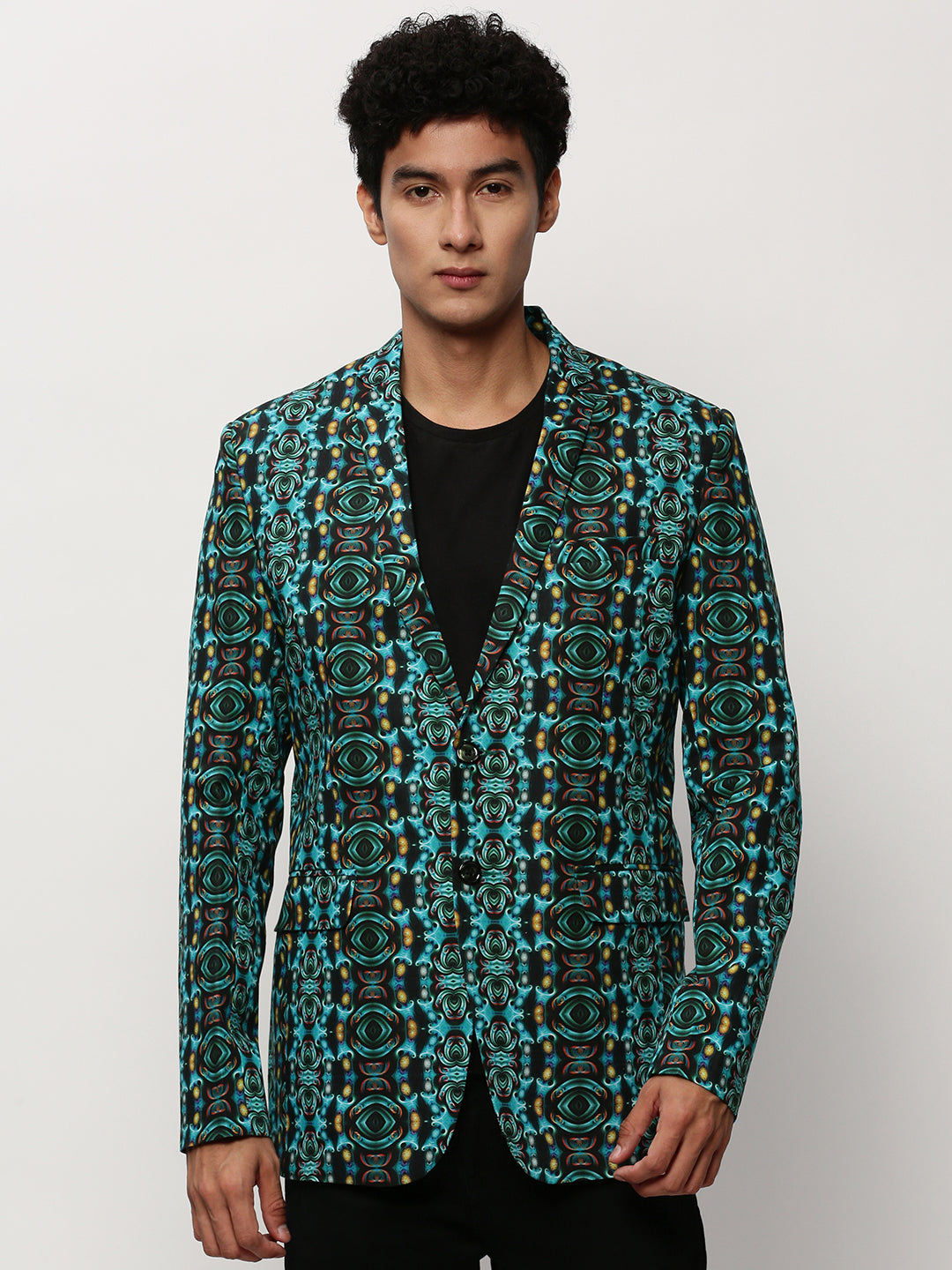 Men's Turquoise Blue Printed Slim-Fit Cotton Single Breasted Blazer
