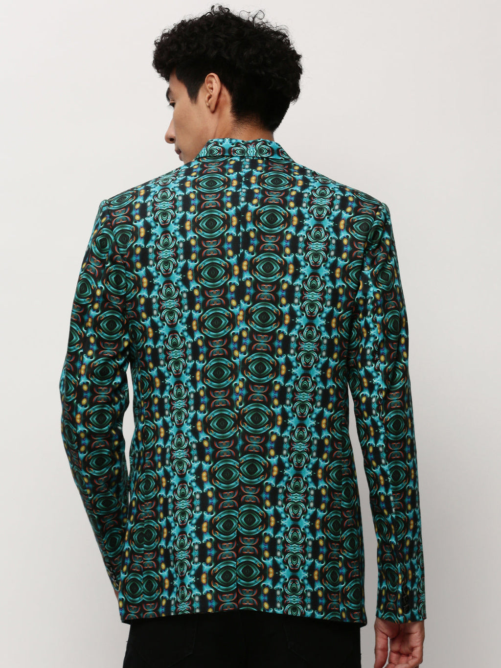 Men's Turquoise Blue Printed Slim-Fit Cotton Single Breasted Blazer