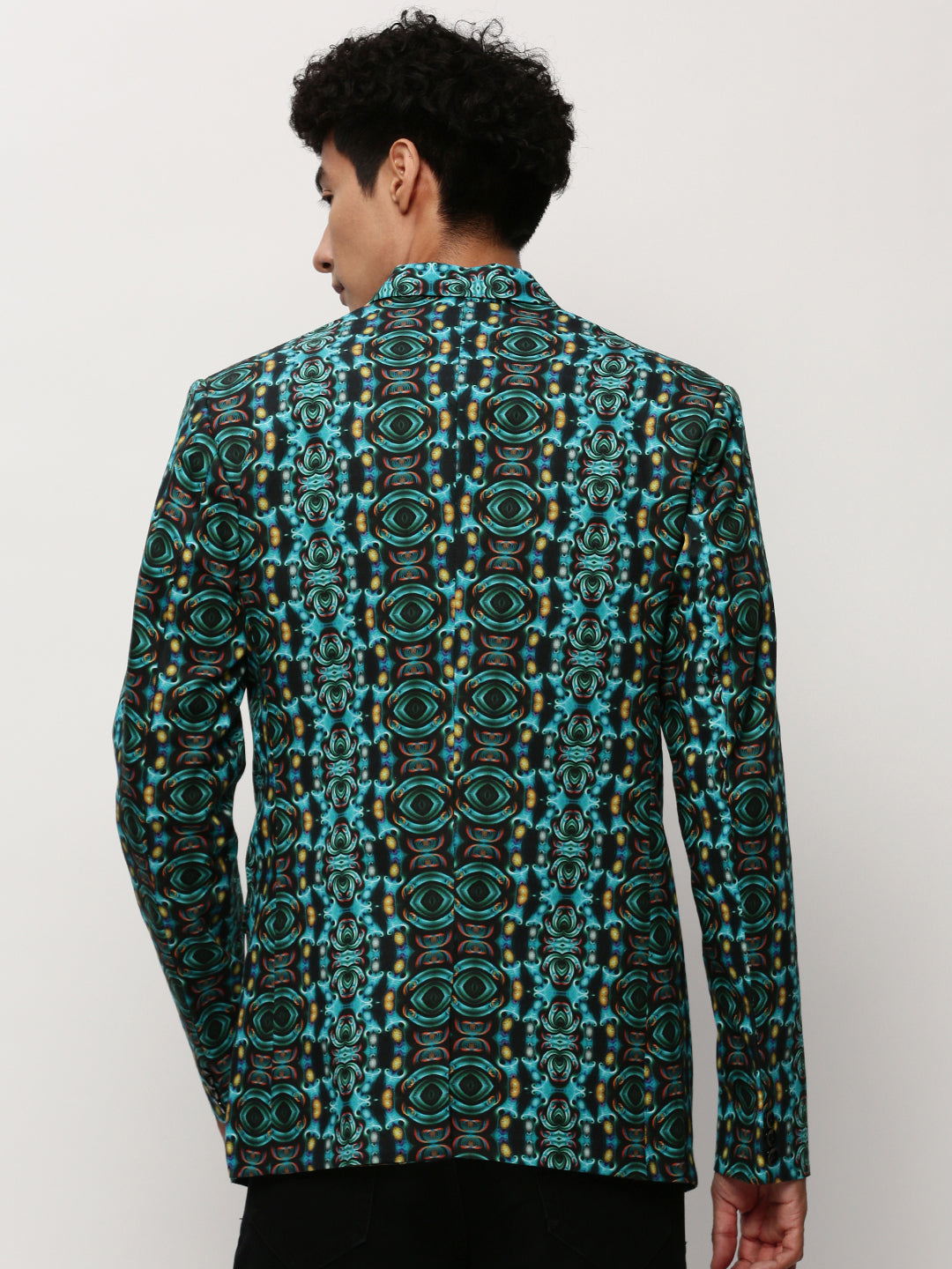 Men's Turquoise Blue Printed Slim-Fit Cotton Single Breasted Blazer