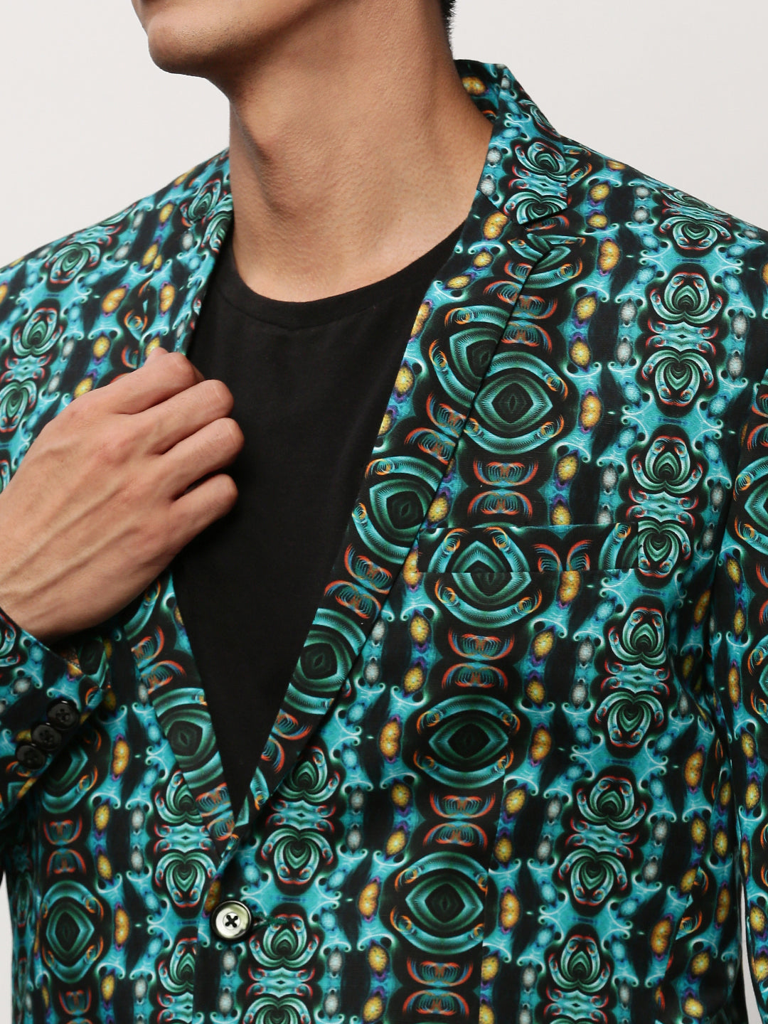 Men's Turquoise Blue Printed Slim-Fit Cotton Single Breasted Blazer