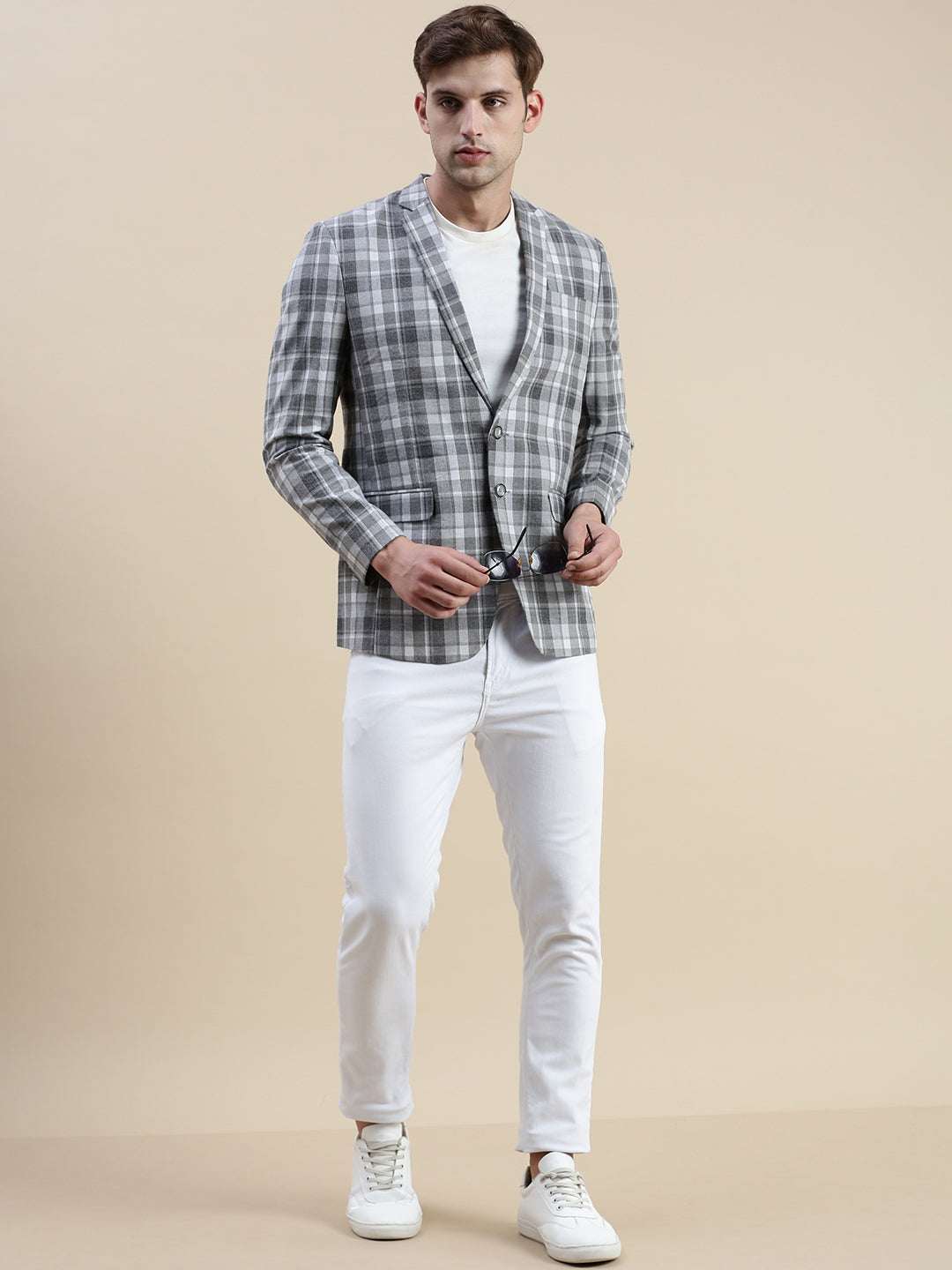 Men's Grey Checked Notched Lapel Collar Single-Breasted Blazer