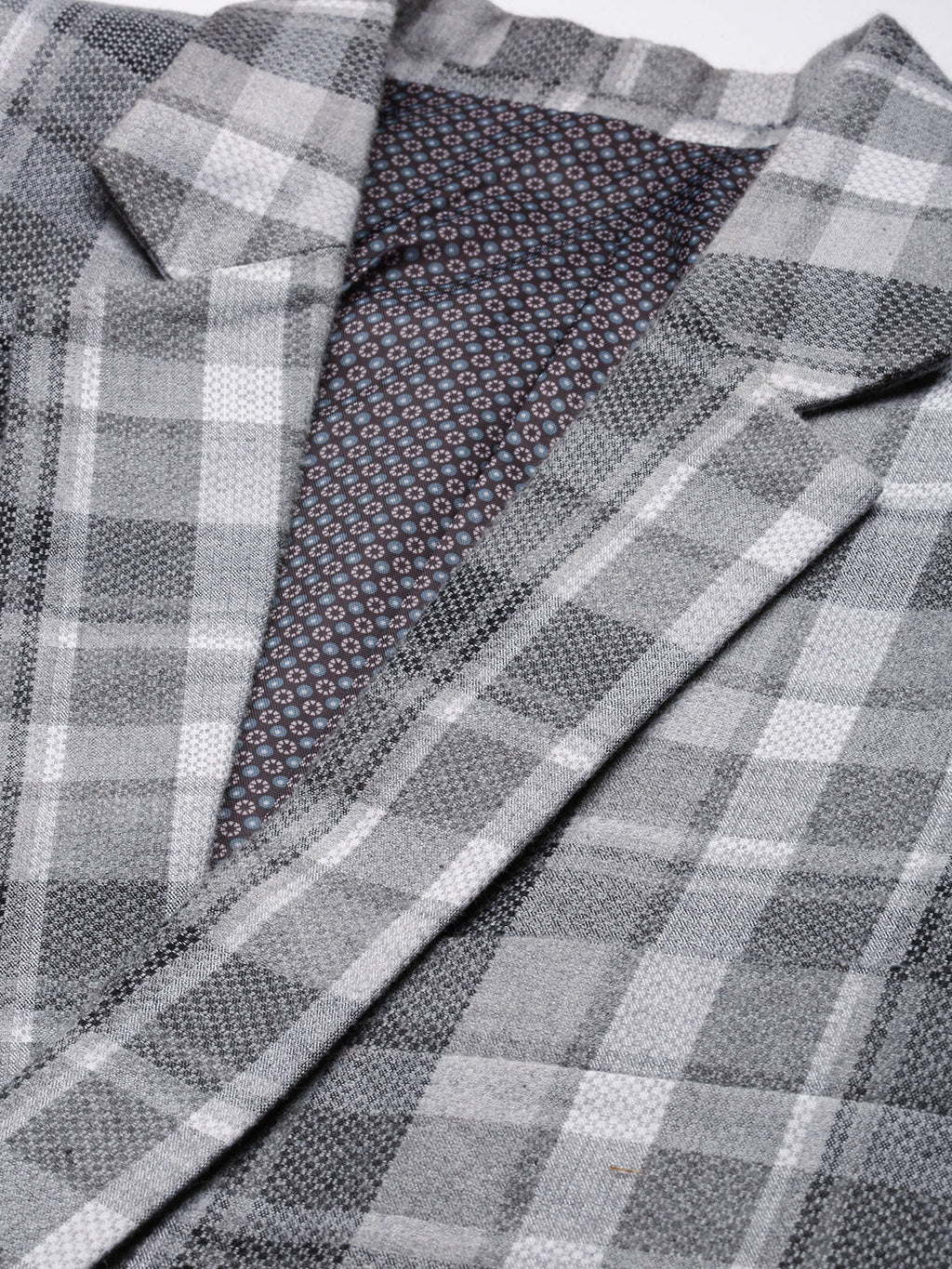 Men's Grey Checked Notched Lapel Collar Single-Breasted Blazer