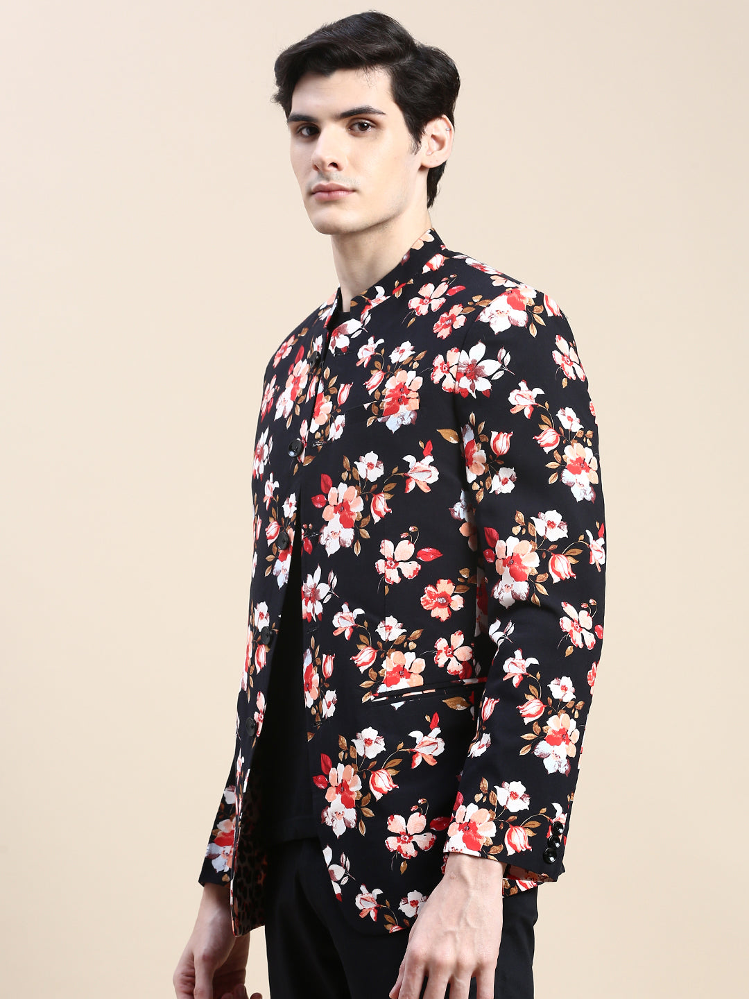 Men's Black Floral Printed Slim-Fit Cotton Bandhgala Blazer
