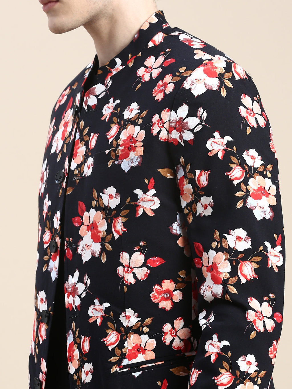 Men's Black Floral Printed Slim-Fit Cotton Bandhgala Blazer